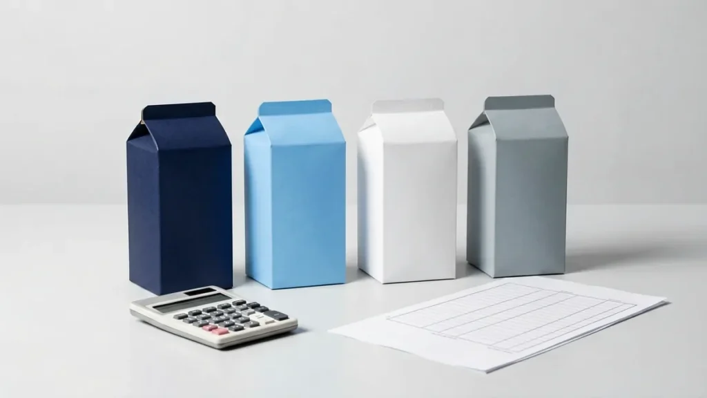 Four plain unbranded blue and grey carton-shaped boxes beside a calculator and blank comparison worksheet for an adult Australian catalogue comparison