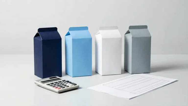 Four plain unbranded blue and grey carton-shaped boxes beside a calculator and blank comparison worksheet for an adult Australian catalogue comparison