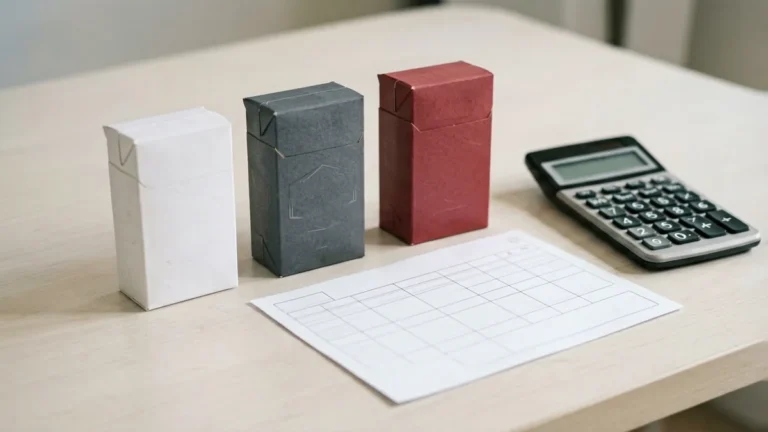 Three plain unbranded carton-shaped boxes beside a blank comparison worksheet and calculator for an adult Australian hard-pack carton comparison