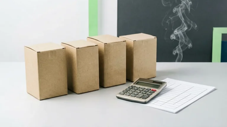 Four plain unbranded carton-shaped boxes beside a calculator and blank comparison worksheet for an adult Australian budget comparison