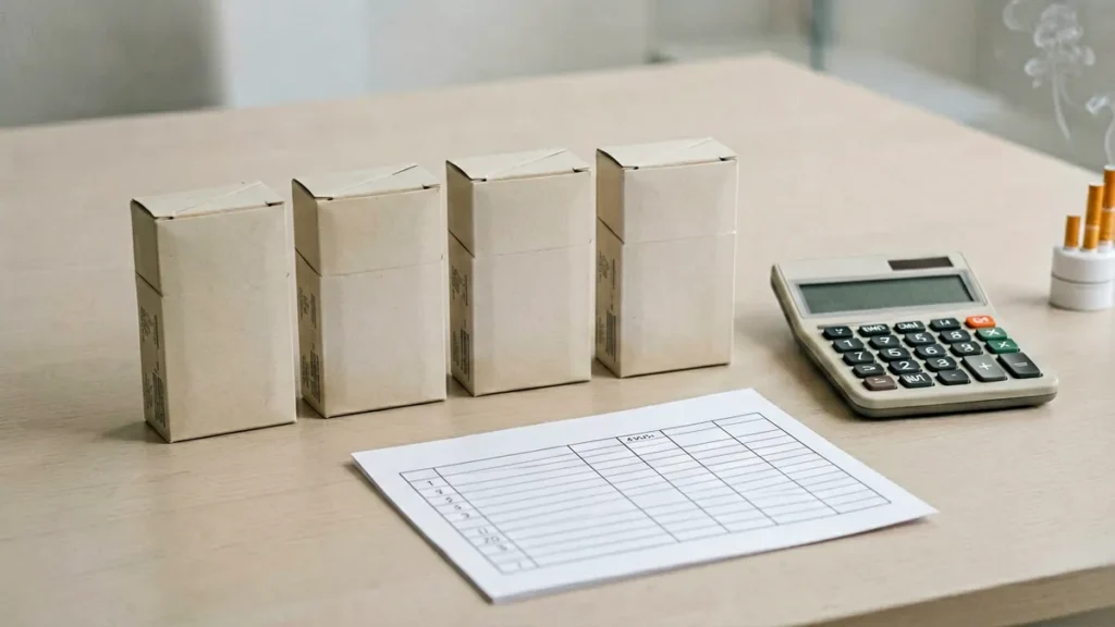 Plain unbranded carton-shaped boxes in two groups beside a calculator and blank price comparison worksheet for an adult Australian Manchester and Double Happiness carton comparison