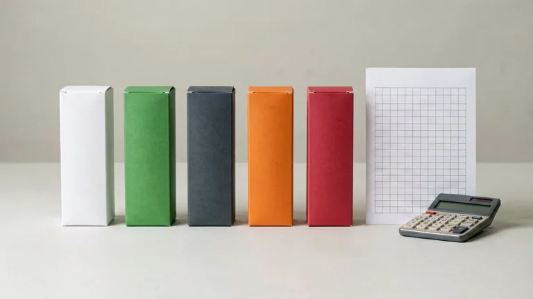 Five plain unbranded slim carton-shaped boxes beside a blank comparison worksheet and calculator for an adult Australian ESSE range comparison
