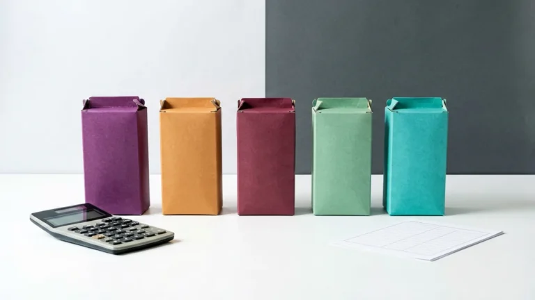 Five plain unbranded carton-shaped boxes beside a calculator and blank comparison worksheet for an adult Australian flavoured carton comparison