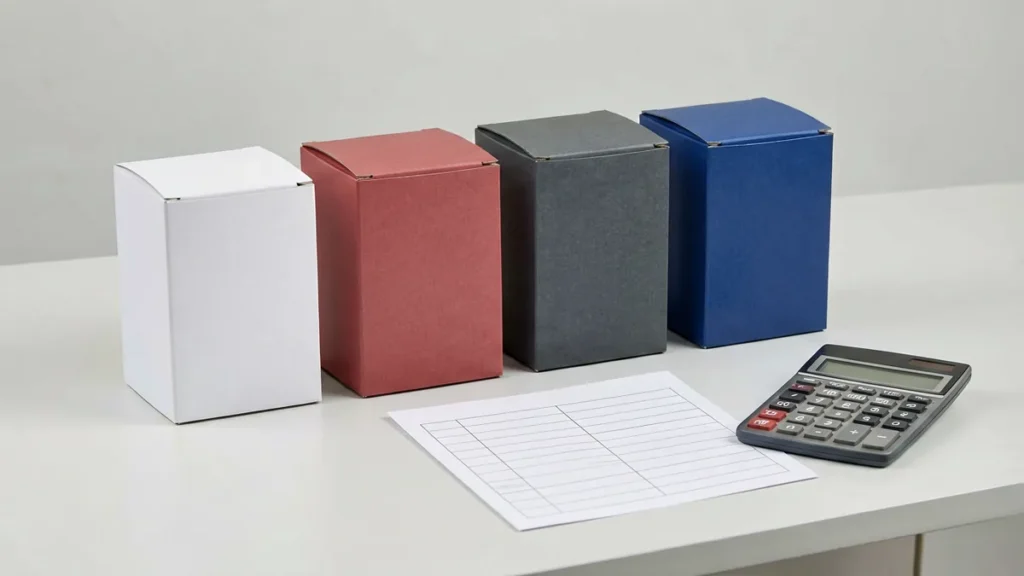 Four plain unbranded carton-shaped boxes beside a blank comparison worksheet and calculator for an adult Australian imported carton comparison