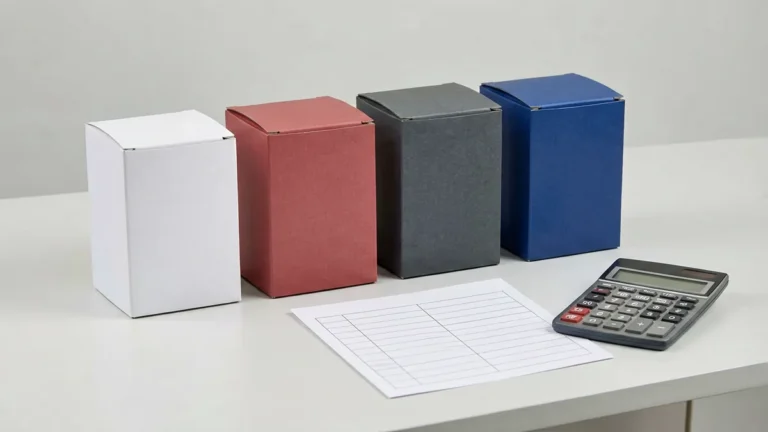 Four plain unbranded carton-shaped boxes beside a blank comparison worksheet and calculator for an adult Australian imported carton comparison