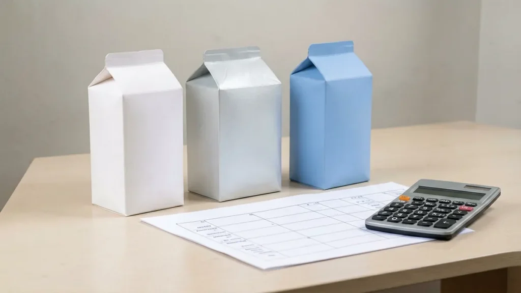 Three plain unbranded carton-shaped boxes, including one slim format, beside a calculator and blank worksheet for an adult Australian catalogue comparison