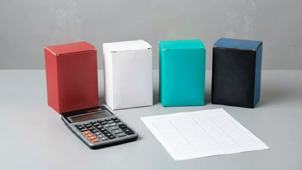 Four plain unbranded carton-shaped boxes beside a calculator and blank comparison worksheet for an adult Australian Marlboro range comparison