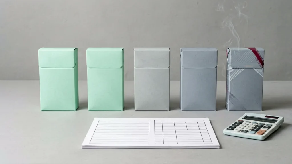 Five plain unbranded carton-shaped boxes beside a blank comparison worksheet and calculator for an adult Australian menthol carton comparison