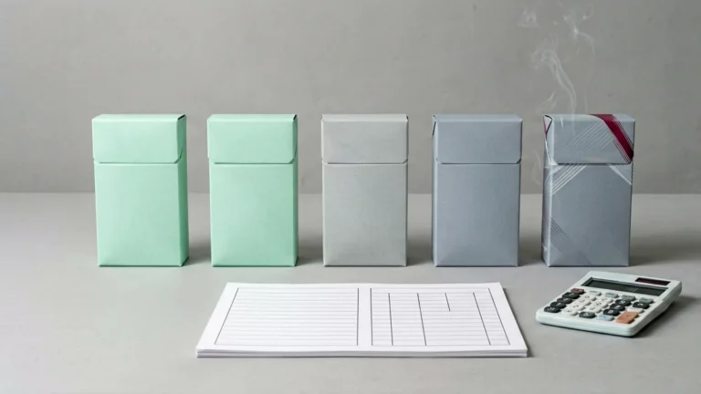 Five plain unbranded carton-shaped boxes beside a blank comparison worksheet and calculator for an adult Australian menthol carton comparison