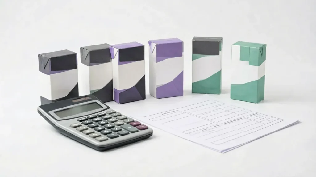 Five plain unbranded carton-shaped boxes beside a calculator and blank comparison worksheet for an adult Australian MEVIUS range comparison