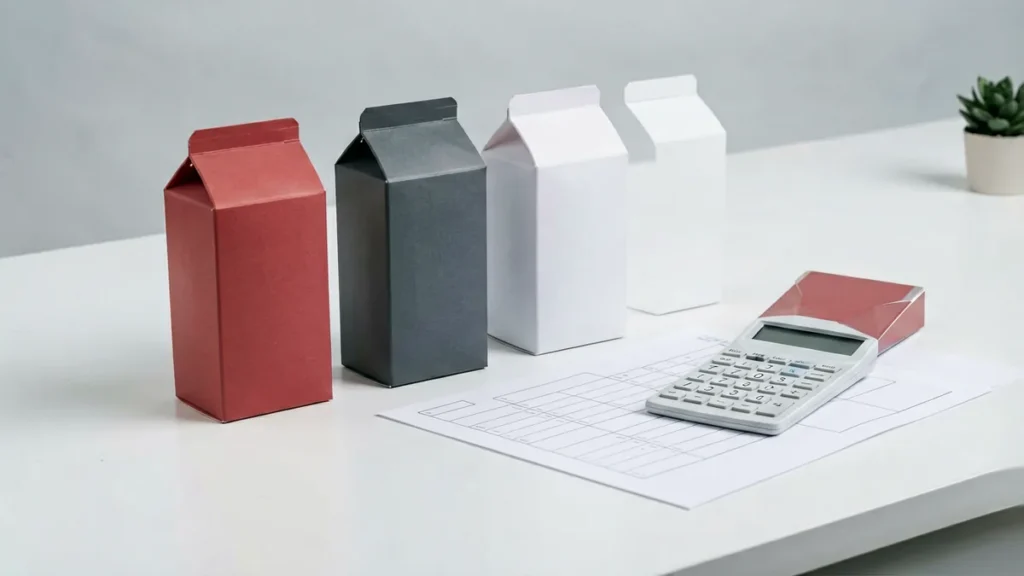 Three plain unbranded red, charcoal and white carton-shaped boxes beside a calculator and blank comparison worksheet for an adult Australian catalogue comparison
