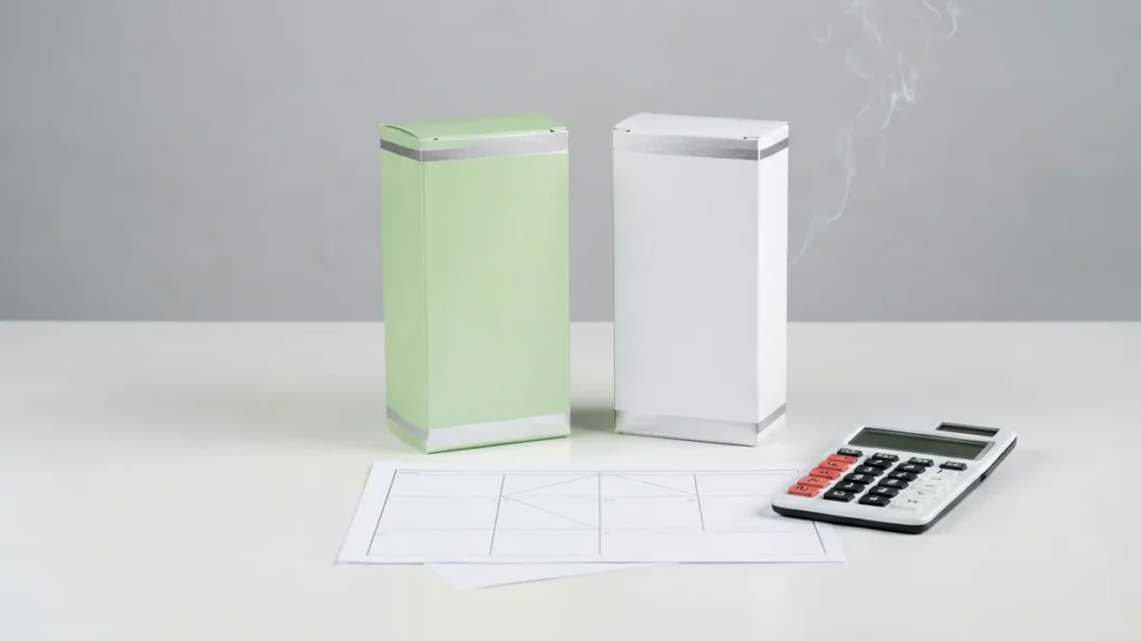 Two plain unbranded slim carton-shaped boxes beside a blank comparison worksheet and calculator for an adult Australian catalogue comparison