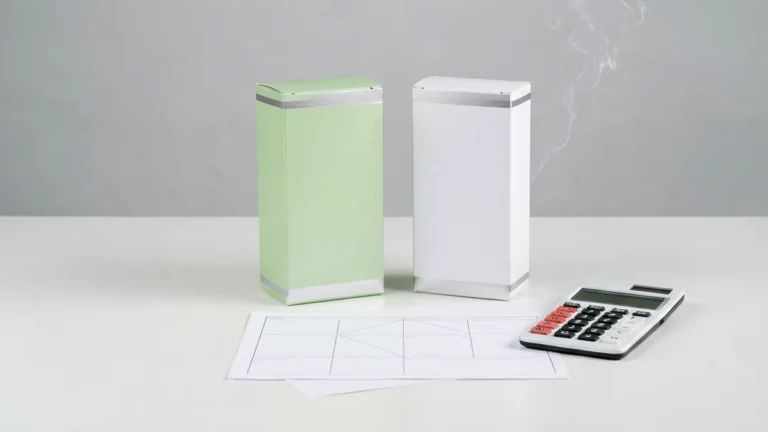 Two plain unbranded slim carton-shaped boxes beside a blank comparison worksheet and calculator for an adult Australian catalogue comparison