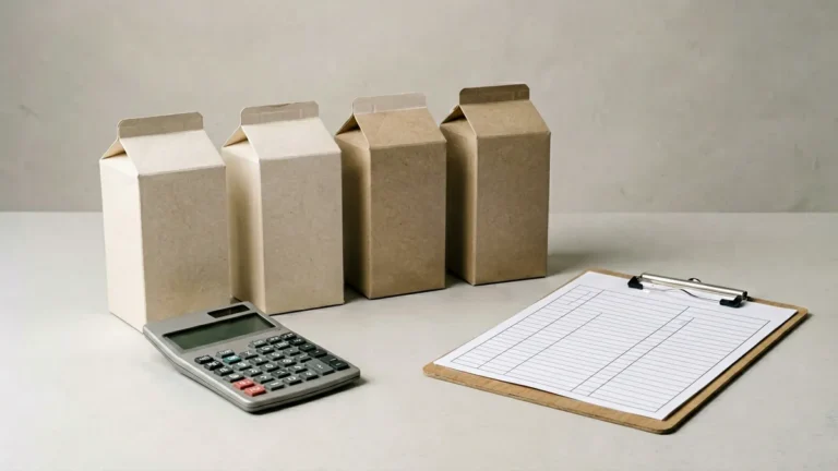Plain unbranded carton-shaped boxes beside a calculator and blank comparison worksheet for an adult Australian price comparison