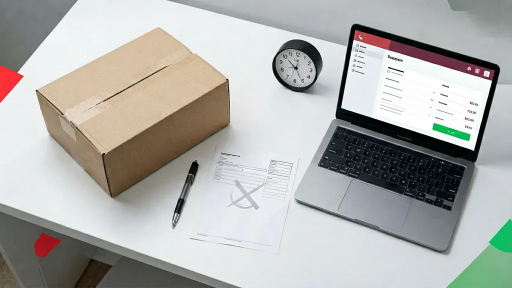 Plain parcel, blank order form, clock and laptop illustrating how an adult customer can request an order cancellation or change before dispatch