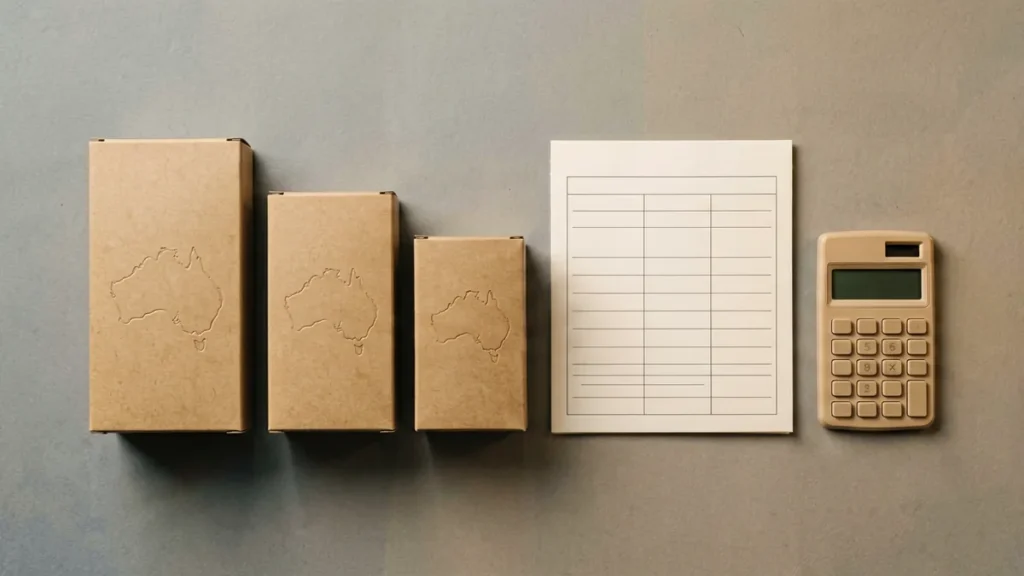 Three plain unbranded carton boxes beside a blank comparison worksheet and calculator for an adult Australian price-range guide