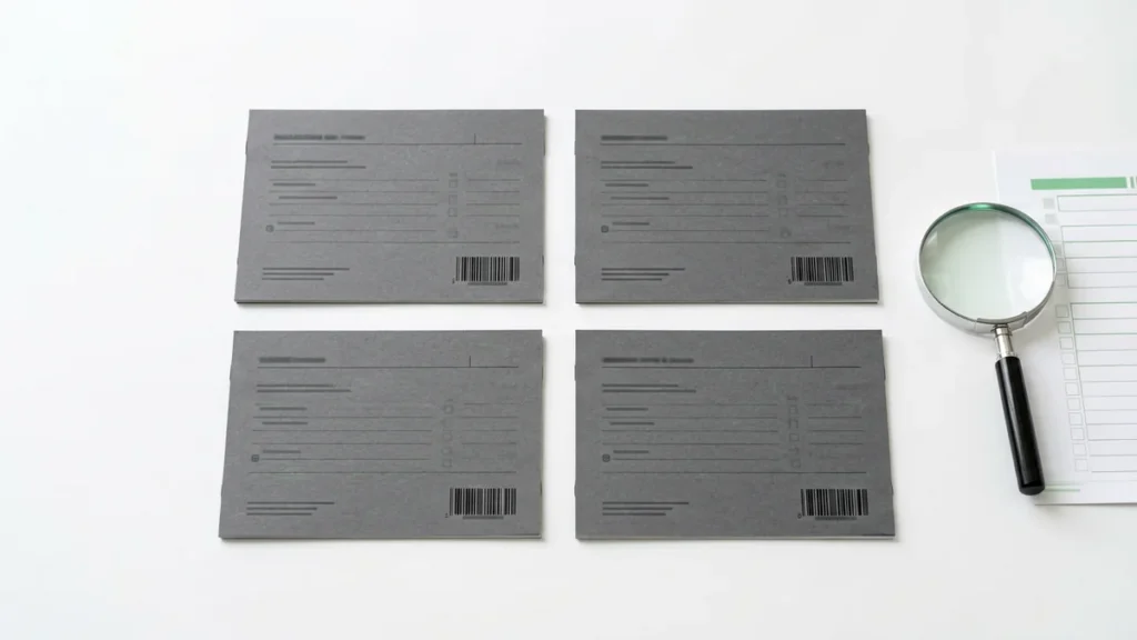 Four plain catalogue record cards arranged for a structured comparison