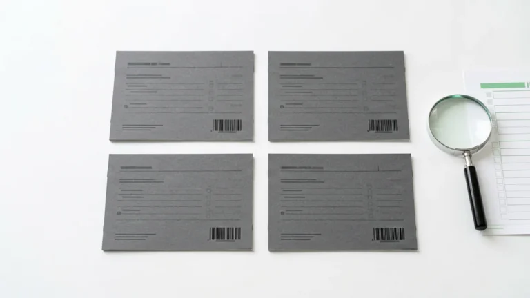 Four plain catalogue record cards arranged for a structured comparison