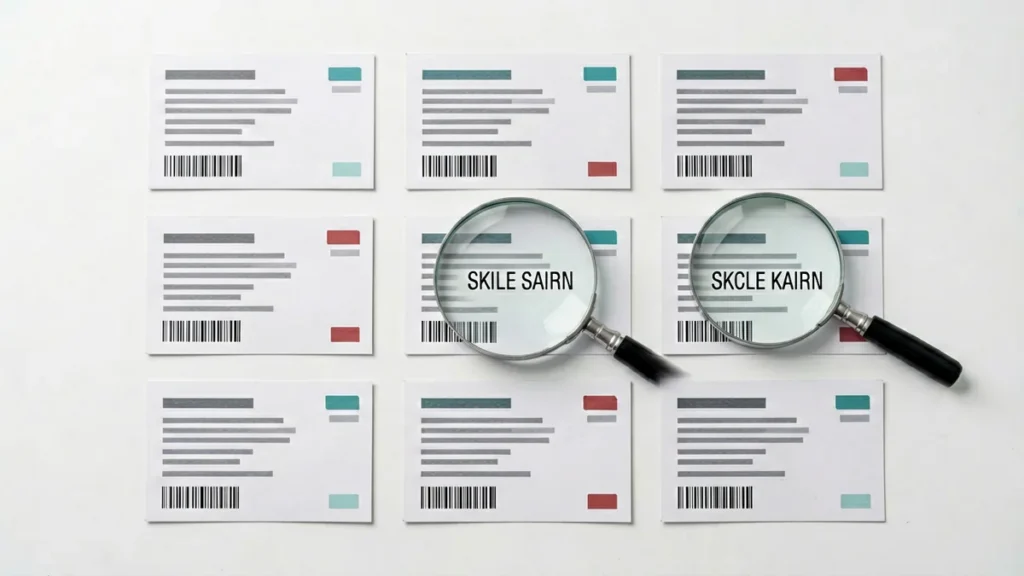 Nine plain catalogue record cards arranged for a structured Manchester range comparison