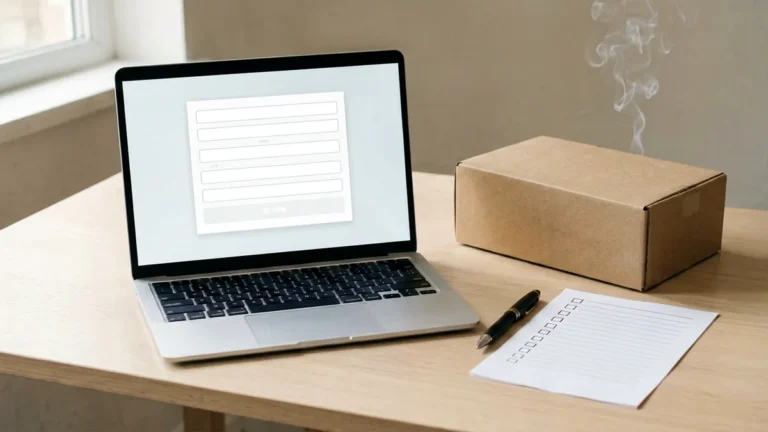 Laptop with a blank account profile form beside a plain parcel and checklist, illustrating how an adult customer can correct personal information in a Rovqenx account