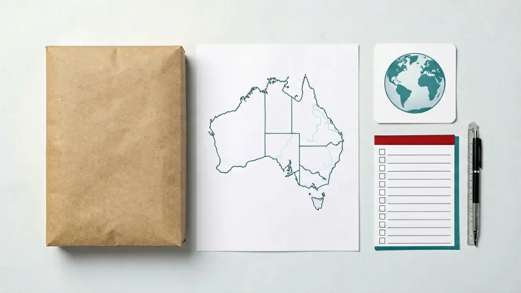 Plain parcel beside a map of Australia, a globe symbol and a blank address checklist illustrating Rovqenx delivery eligibility for adult customers