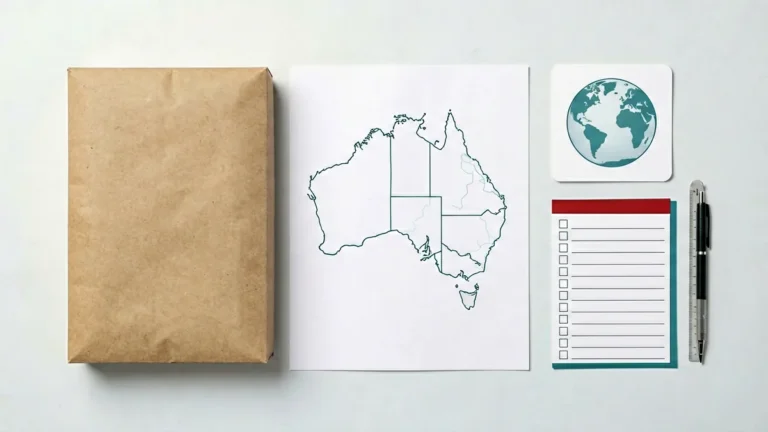 Plain parcel beside a map of Australia, a globe symbol and a blank address checklist illustrating Rovqenx delivery eligibility for adult customers