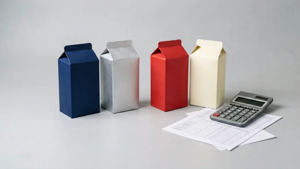 Four plain unbranded carton-shaped boxes in two pairs beside a calculator and blank worksheet for an adult Australian catalogue comparison