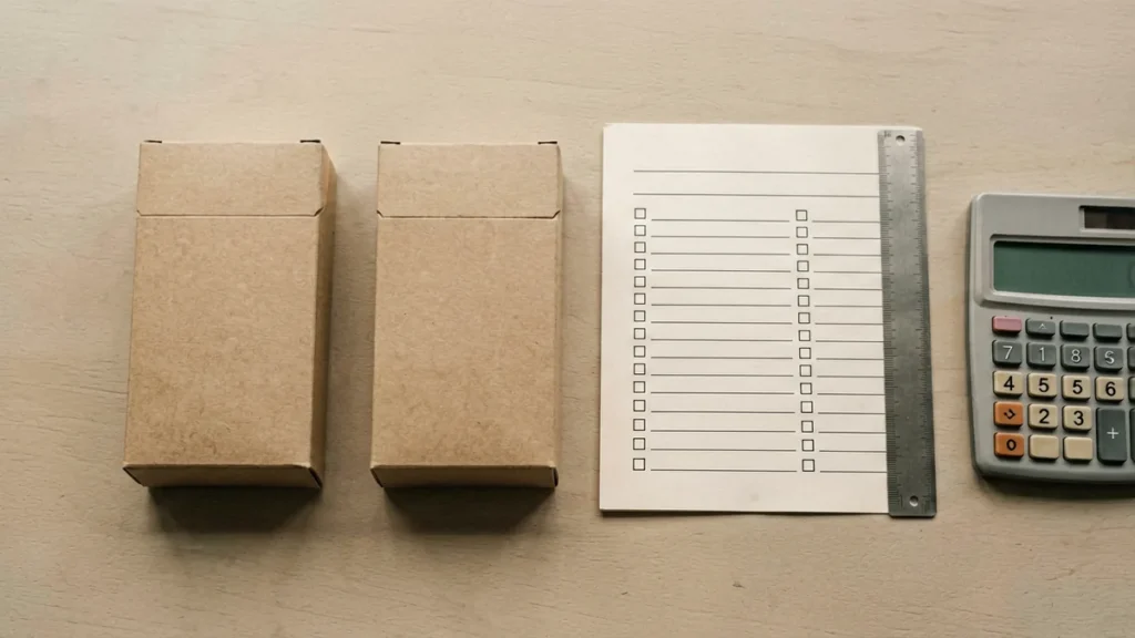Two plain unbranded carton boxes beside a blank comparison worksheet and calculator for an adult catalogue comparison