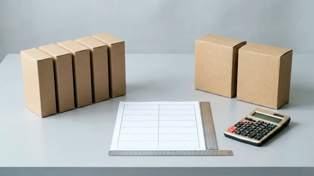 Five plain slim carton boxes compared with two standard carton boxes beside a blank worksheet and calculator for an adult catalogue comparison