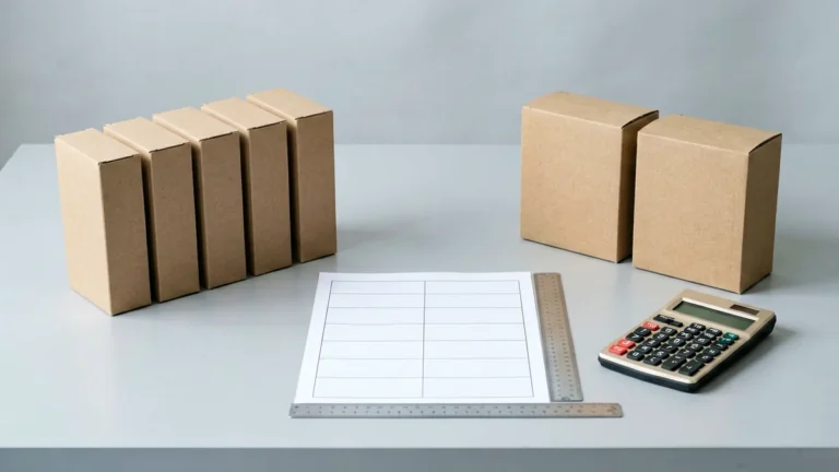 Five plain slim carton boxes compared with two standard carton boxes beside a blank worksheet and calculator for an adult catalogue comparison