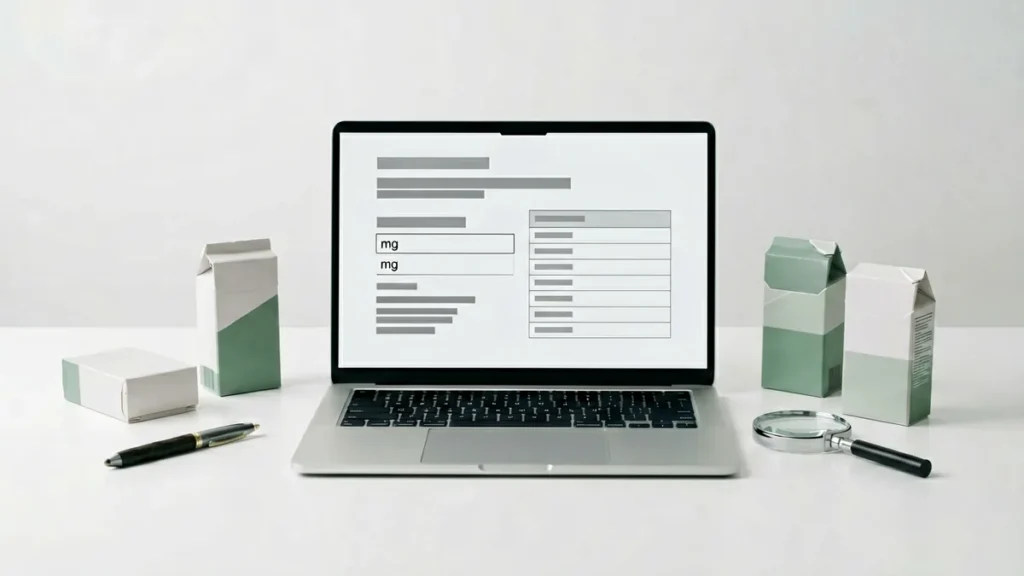 Laptop with a generic catalogue title, an mg field, plain carton-shaped boxes and a comparison worksheet for an adult catalogue guide