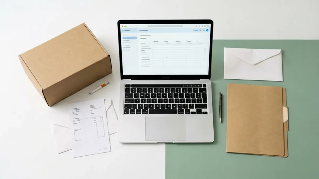 Plain parcel, laptop with a generic order summary, blank receipt sheet and filing folder illustrating order record keeping for adult Australian customers