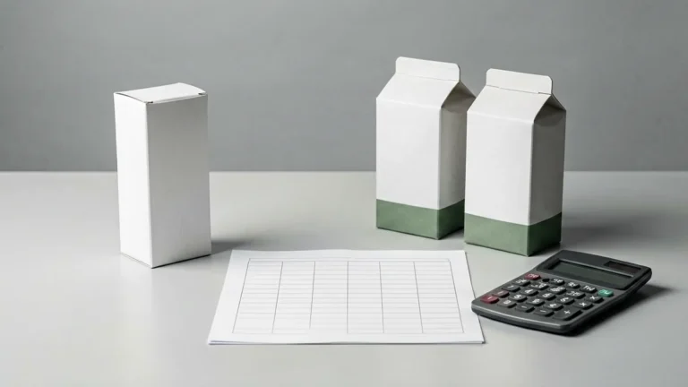 One plain slim carton-shaped box compared with two standard carton-shaped boxes beside a blank worksheet and calculator for an adult catalogue comparison