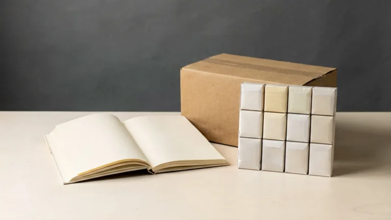 A neutral catalogue notebook beside a plain parcel and an unbranded ten-pack grid