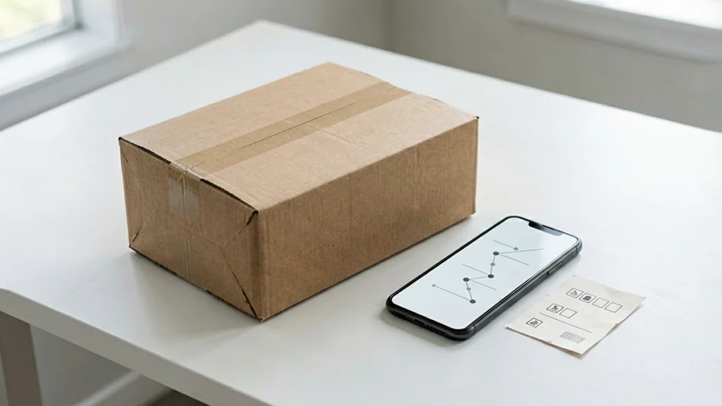 A plain parcel beside a phone displaying an abstract tracking timeline
