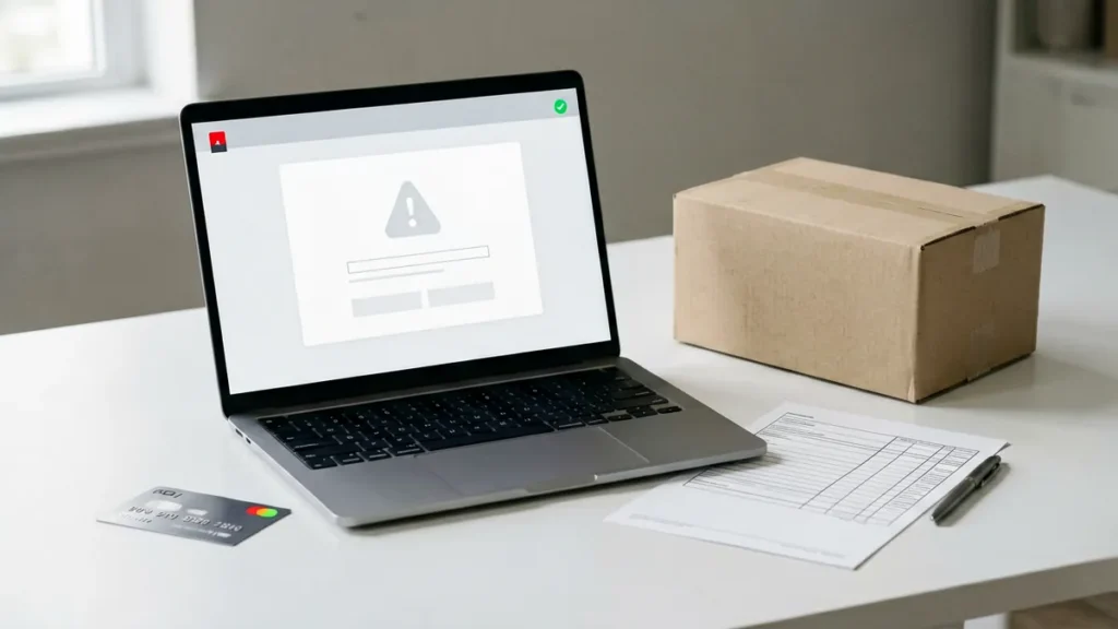 Laptop with a generic checkout status panel beside a plain parcel, blank order checklist and face-down bank card, illustrating how an adult customer can check an unclear payment result before retrying