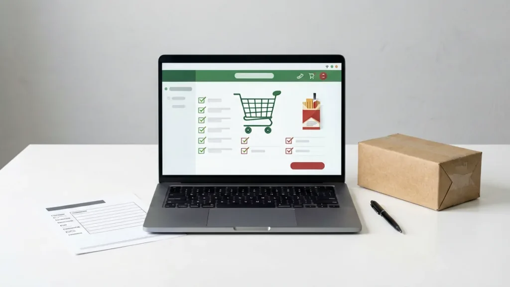 A plain parcel beside an online order and address review checklist
