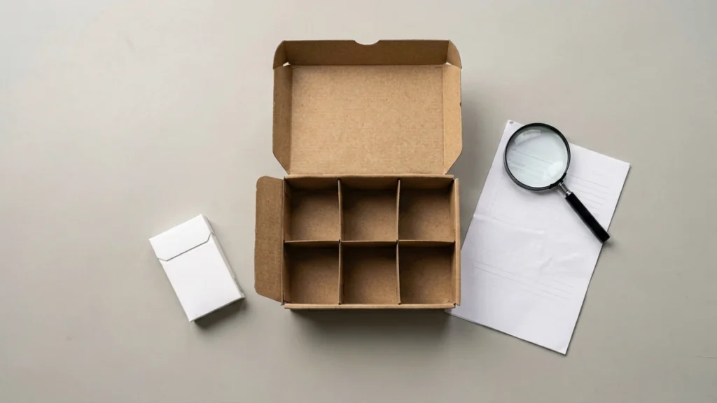 Plain kraft carton with ten pack compartments, a white pack, magnifying glass and checklist on a desk, illustrating the Rovqenx ordering steps for adults 18+
