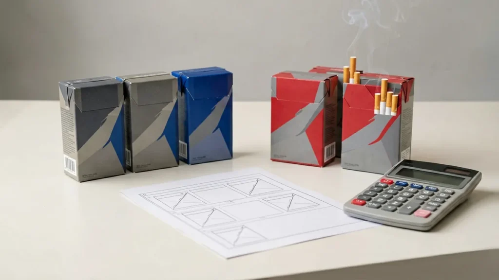 Plain unbranded carton-shaped boxes in two groups beside a blank worksheet and calculator for an adult Australian carton comparison