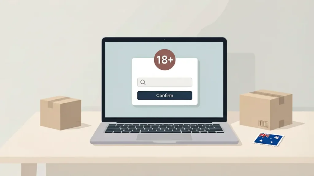 Adult age confirmation dialog on a laptop for the Rovqenx online tobacco catalogue