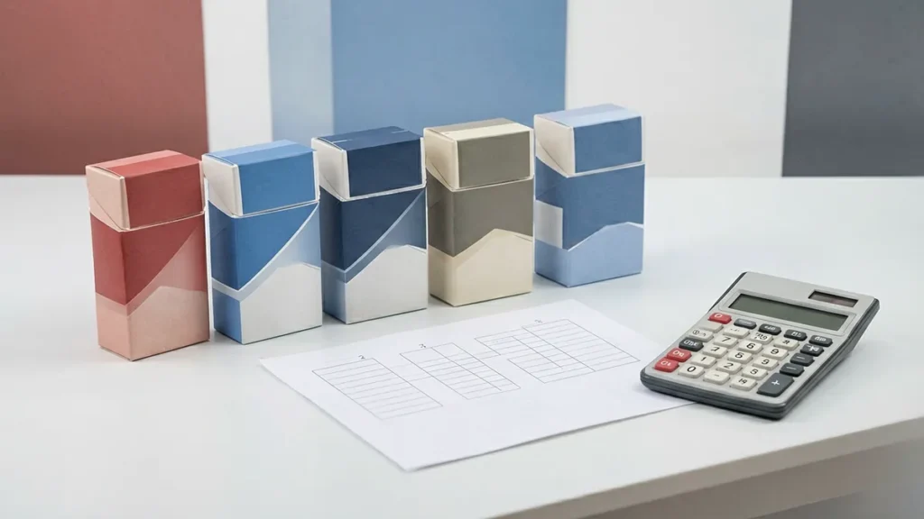 Five plain unbranded carton-shaped boxes beside a blank comparison worksheet and calculator for an adult Australian Manchester range comparison