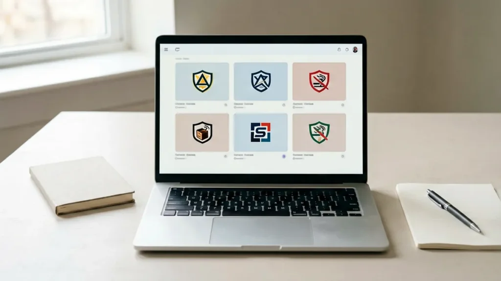 A laptop screen showing a brand directory grid beside a notepad and pen
