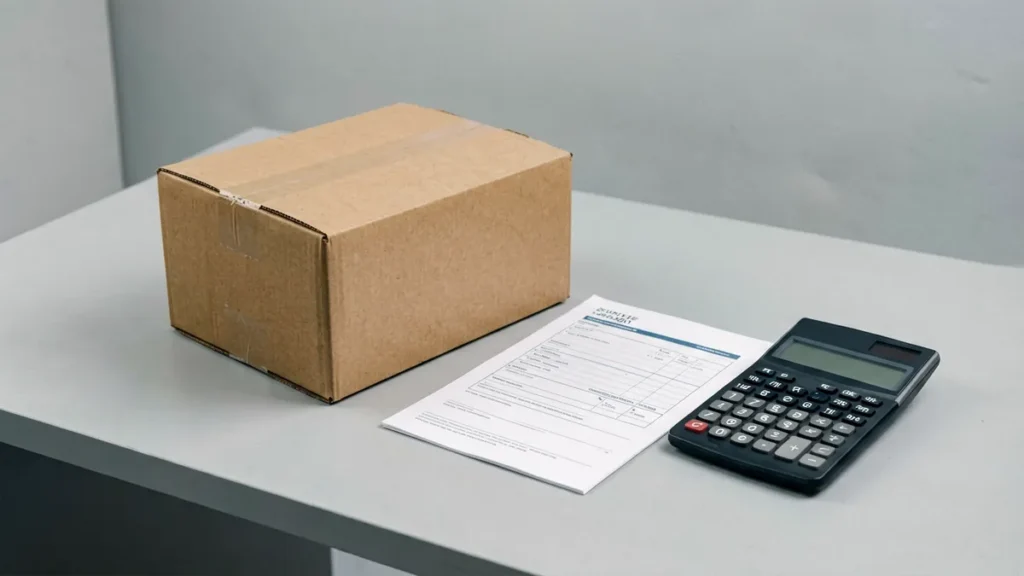Order summary and calculator beside a generic shipping carton for checking a cigarette carton price before ordering