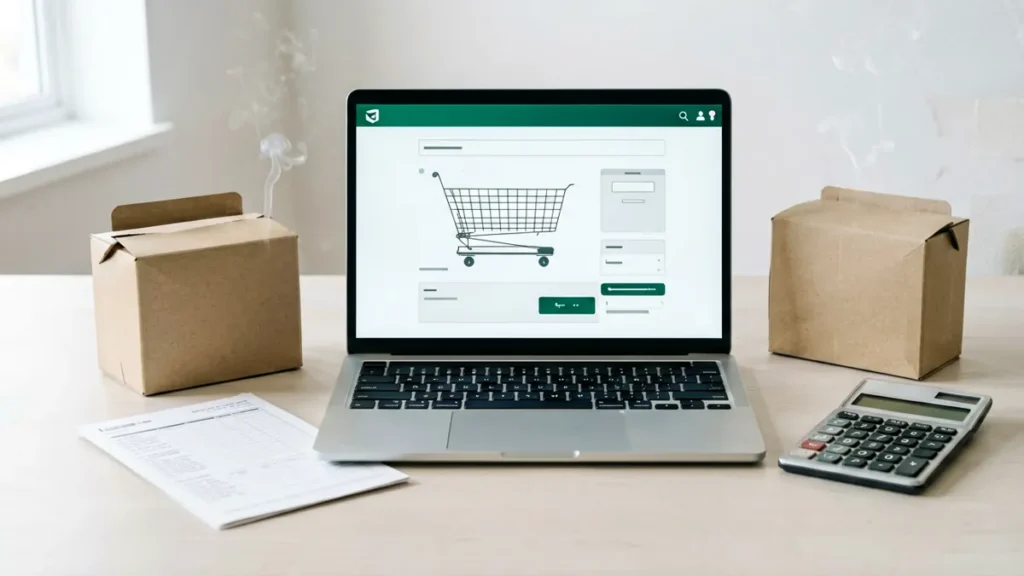 Laptop with a generic cart quantity control beside two plain unbranded carton-shaped boxes, a blank order checklist and calculator for an adult Australian catalogue guide