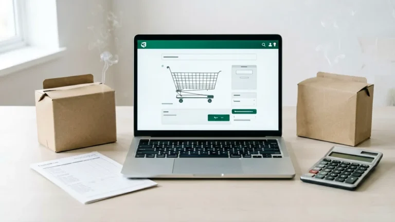 Laptop with a generic cart quantity control beside two plain unbranded carton-shaped boxes, a blank order checklist and calculator for an adult Australian catalogue guide