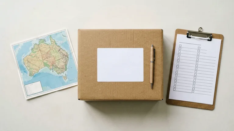 Plain unbranded parcel box with a blank address label, a pen, a folded map of Australia and a checklist, illustrating how to correct a delivery address on a Rovqenx order for adults 18+