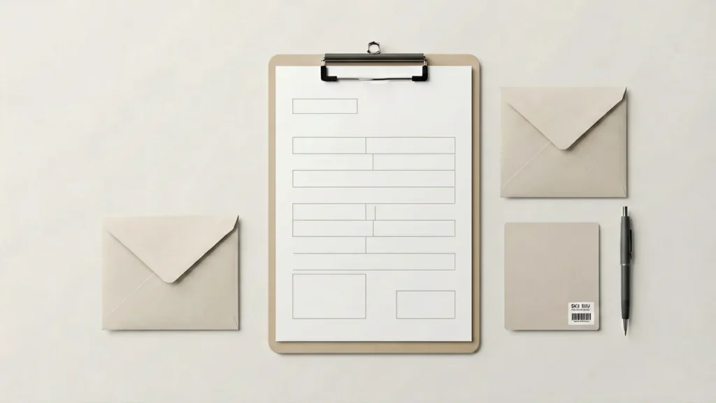 Plain unbranded enquiry form, envelope and product card with SKU label for the Rovqenx contact guide