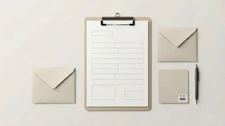 Plain unbranded enquiry form, envelope and product card with SKU label for the Rovqenx contact guide