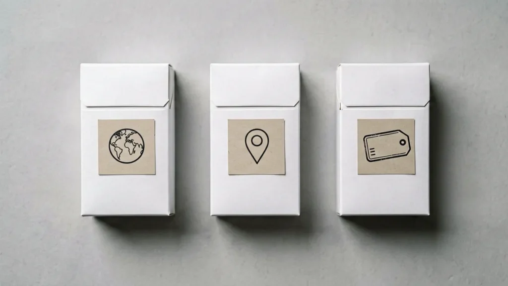 Plain unbranded carton boxes with globe, map pin and edition tag labels for the Rovqenx country and edition words guide