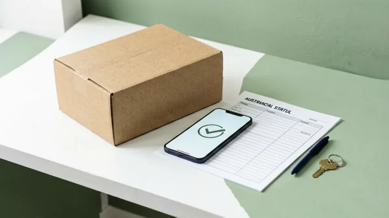 Plain parcel beside a phone with a generic delivered status, a blank tracking worksheet and house key for an Australian delivery support guide